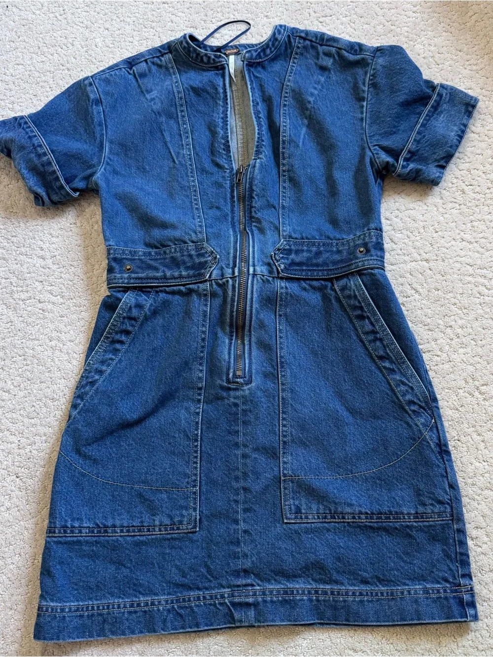 Free People Dream On Mini Denim Jean Dress Zip Front Short Sleeve XS